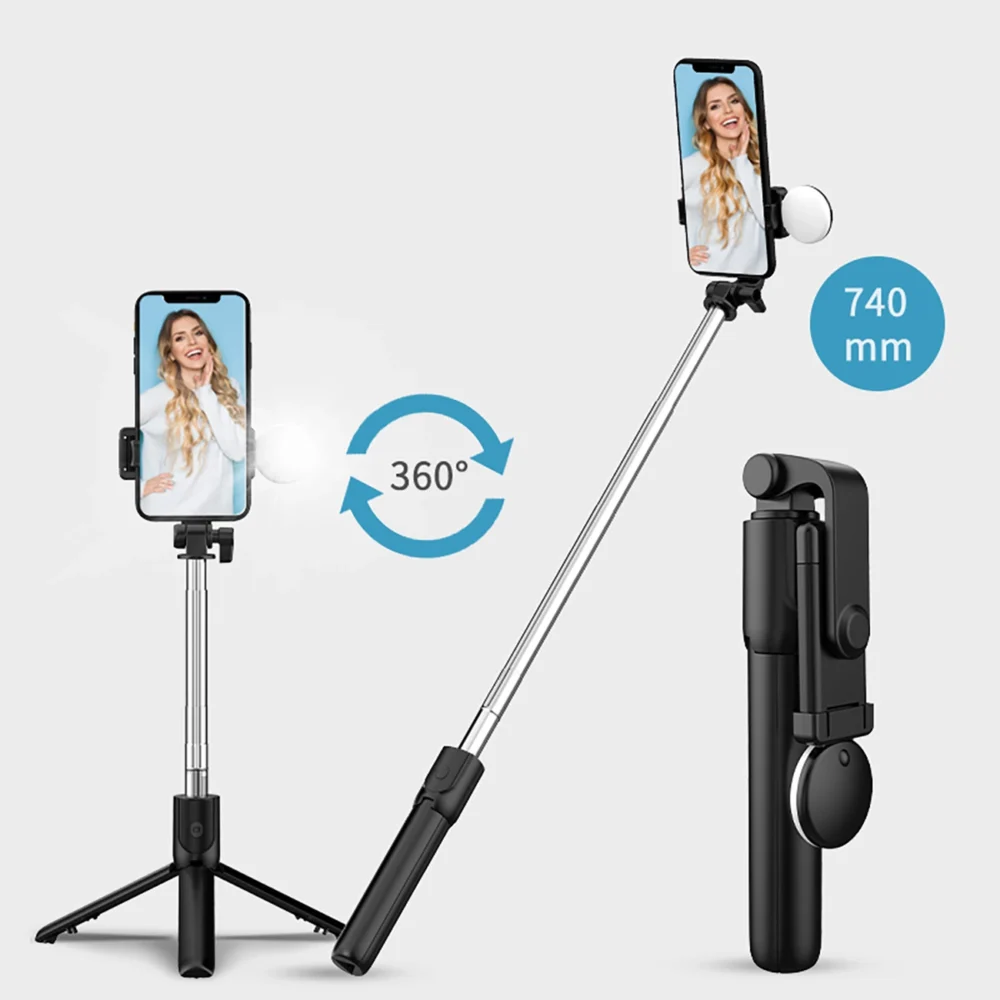 Selfie stick WR1YXS telescopic tripod 0.71m with round lamp - blackeng