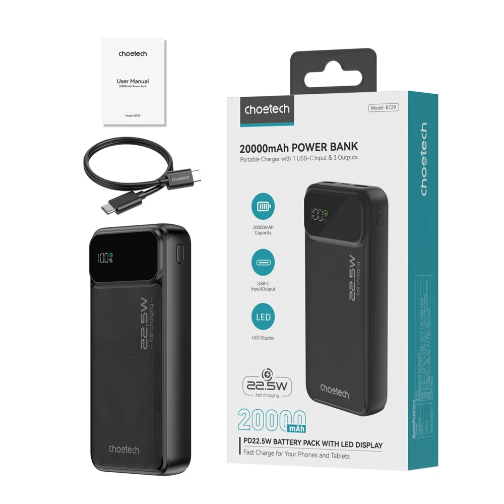 Powerbank Choetech B729 20000mAh 22.5W PD USB-A / USB-C - blackeng