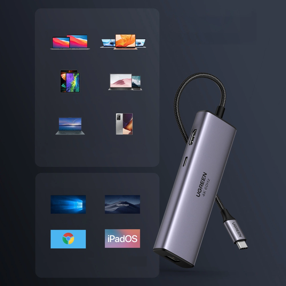 HUB 7in1 Ugreen CM512 USB-C / 2x USB-A 3.2 / HDMI 4K / SD TF reader / USB-C PD 100W / RJ45 - grayeng