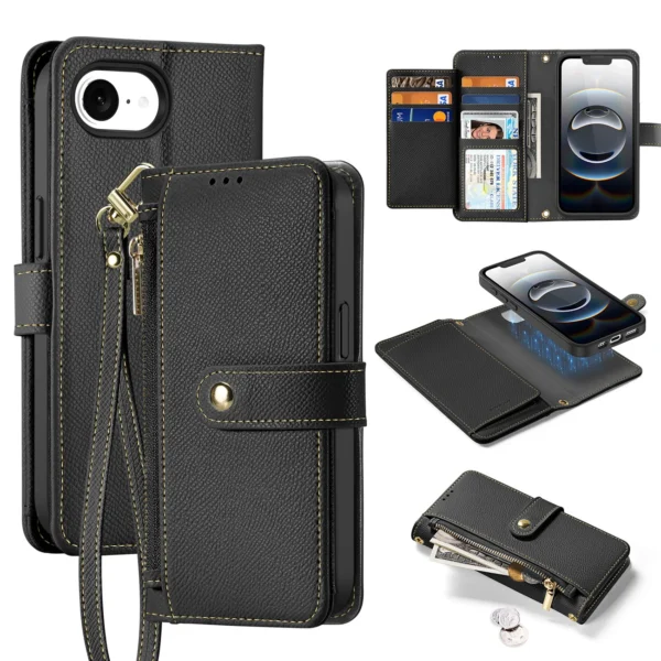 Dux Ducis Lawa iPhone 16e Leather Case with Detachable Magnetic Wallet - Blackeng