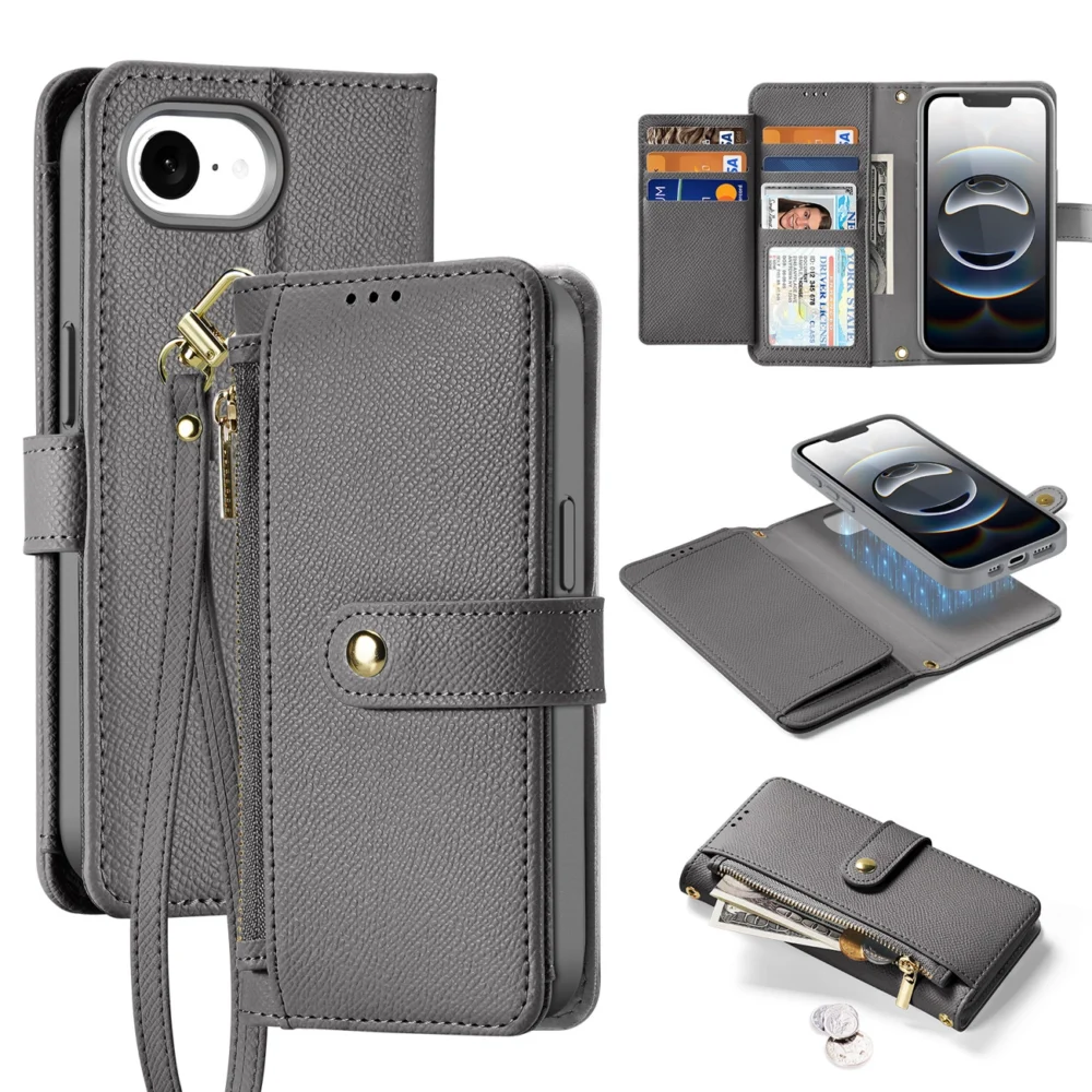 Dux Ducis Lawa iPhone 16e Leather Case with Detachable Magnetic Wallet - Grayeng