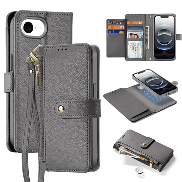 Dux Ducis Lawa iPhone 16e Leather Case with Detachable Magnetic Wallet - Grayeng