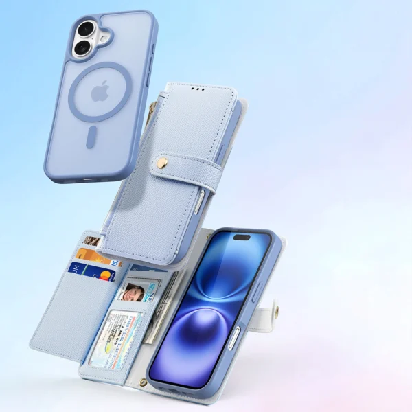 Dux Ducis Lawa iPhone 16 Leather Case with Detachable Magnetic Wallet - Blueeng