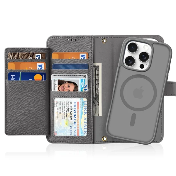 Dux Ducis Lawa iPhone 16 Pro Leather Case with Detachable Magnetic Wallet - Grayeng