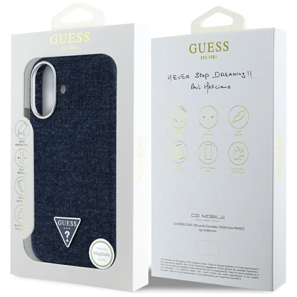 Guess Denim Triangle Logo MagSafe iPhone 16 Case - Blueeng
