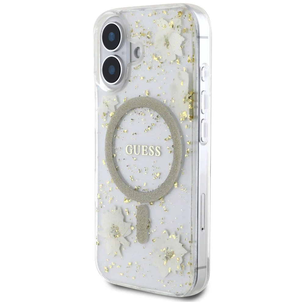 Guess Resin Flowers Glitter MagSafe iPhone 16 Case - Beigeeng