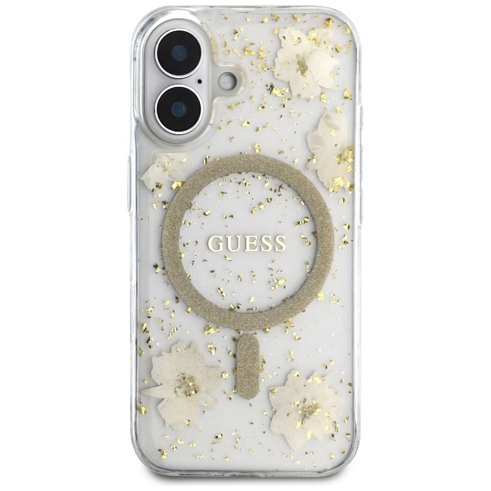 Guess Resin Flowers Glitter MagSafe iPhone 16 Case - Beigeeng