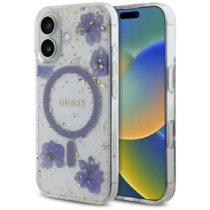 Guess Resin Flowers Glitter MagSafe case for iPhone 16 - purpleeng