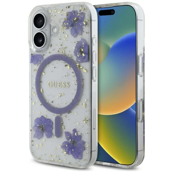 Guess Resin Flowers Glitter MagSafe case for iPhone 16 - purpleeng