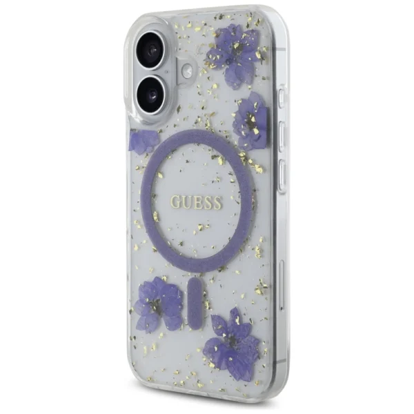 Guess Resin Flowers Glitter MagSafe case for iPhone 16 - purpleeng