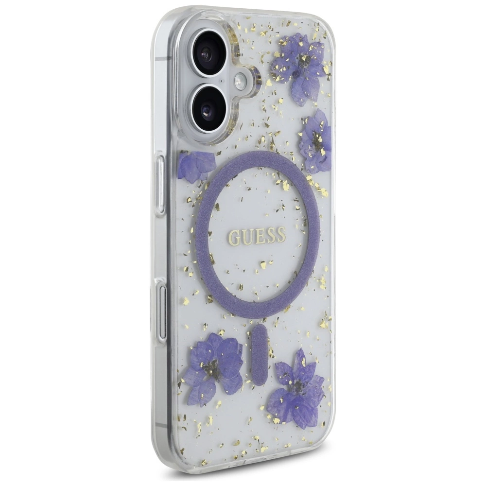 Guess Resin Flowers Glitter MagSafe case for iPhone 16 - purpleeng