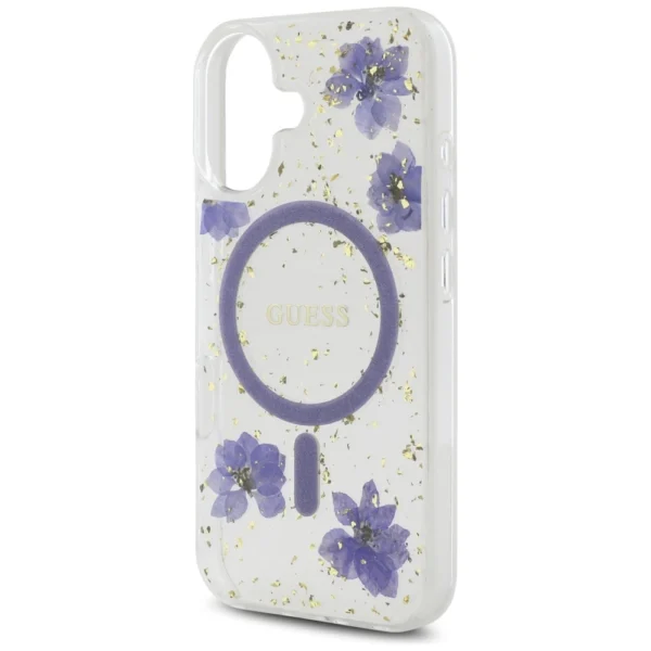 Guess Resin Flowers Glitter MagSafe case for iPhone 16 - purpleeng