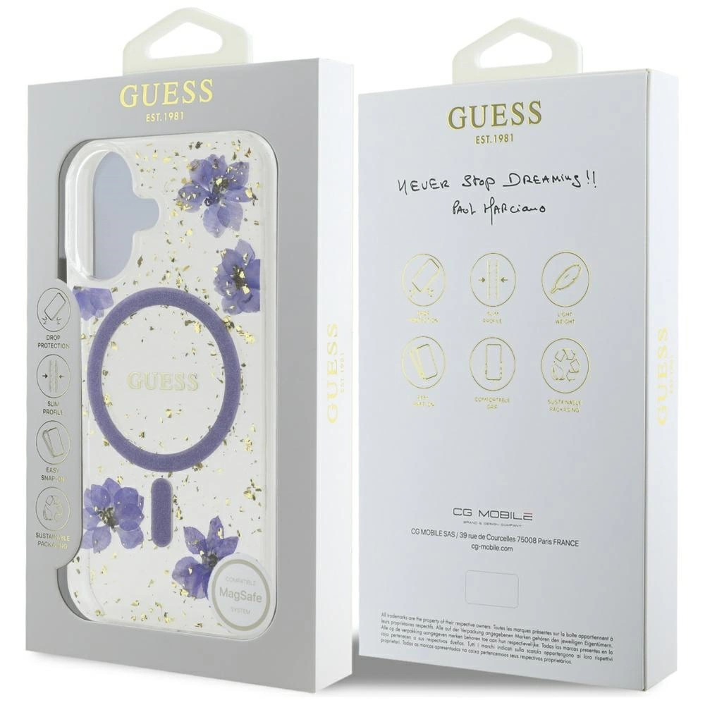 Guess Resin Flowers Glitter MagSafe case for iPhone 16 - purpleeng