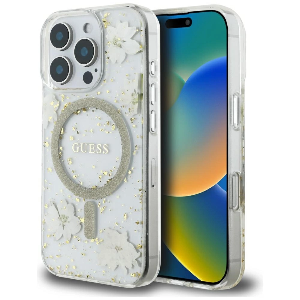 Guess Resin Flowers Glitter MagSafe iPhone 16 Pro Case - Beigeeng