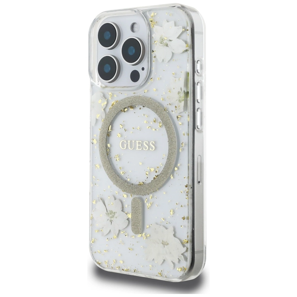 Guess Resin Flowers Glitter MagSafe iPhone 16 Pro Case - Beigeeng