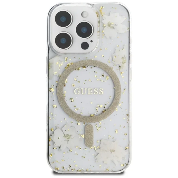 Guess Resin Flowers Glitter MagSafe iPhone 16 Pro Case - Beigeeng
