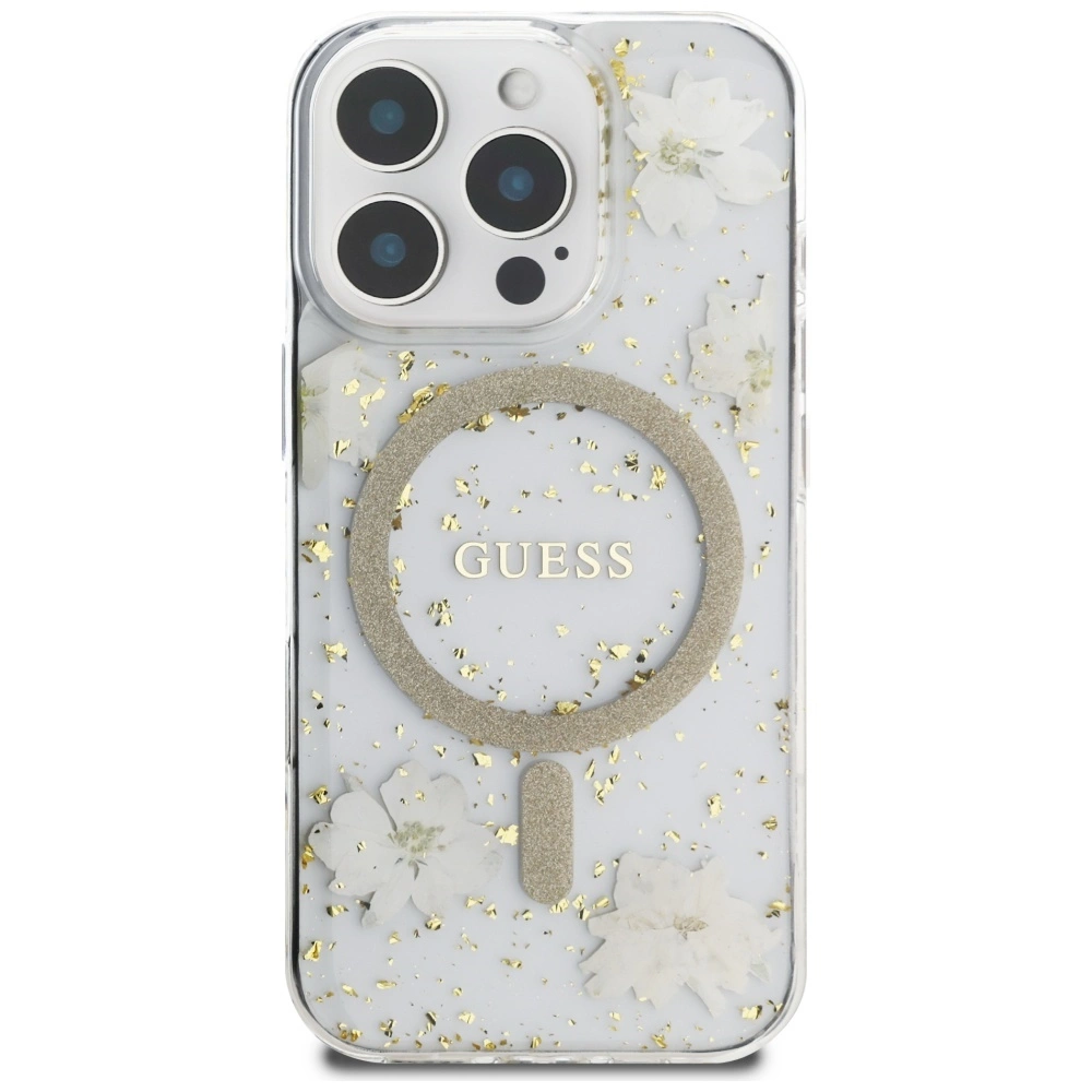 Guess Resin Flowers Glitter MagSafe iPhone 16 Pro Case - Beigeeng
