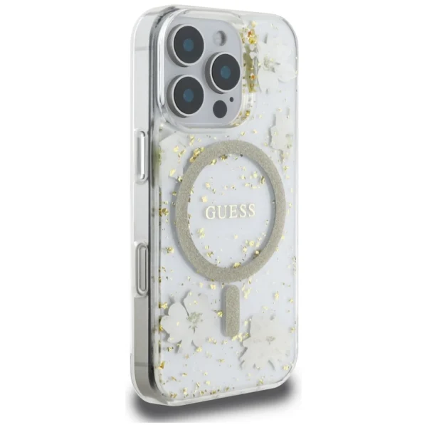 Guess Resin Flowers Glitter MagSafe iPhone 16 Pro Case - Beigeeng