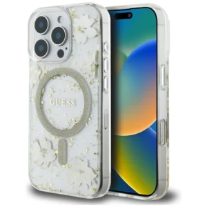 Guess Resin Flowers Glitter MagSafe iPhone 16 Pro Max Case - Beigeeng