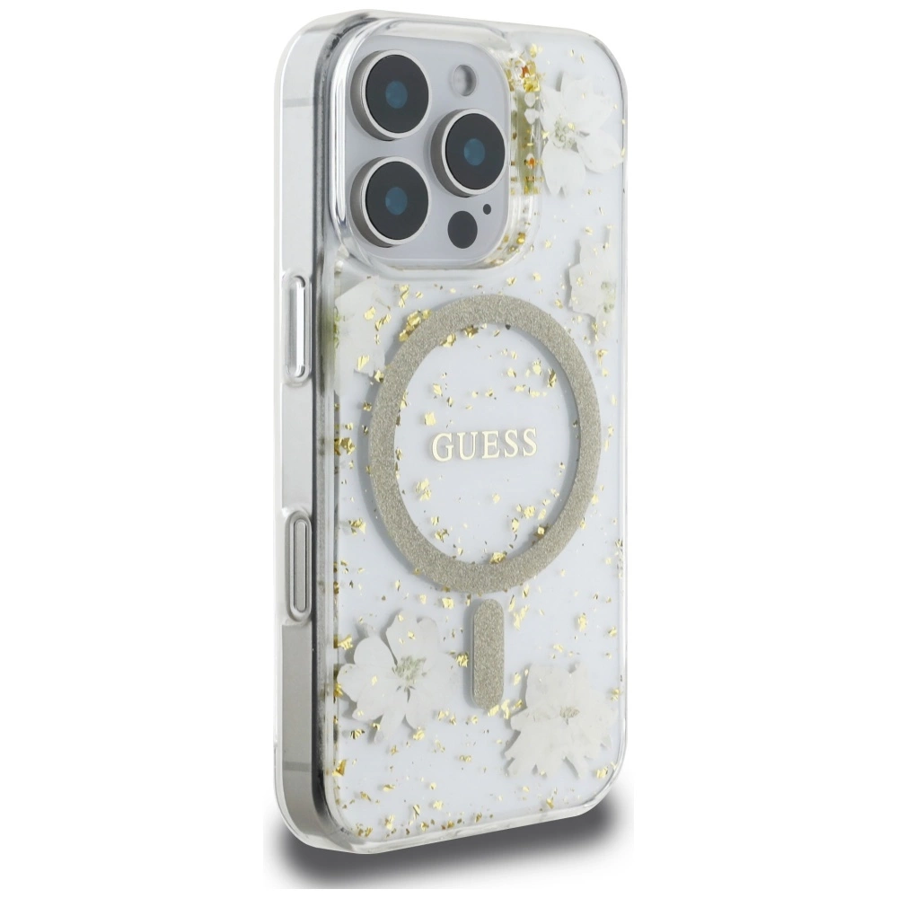 Guess Resin Flowers Glitter MagSafe iPhone 16 Pro Max Case - Beigeeng