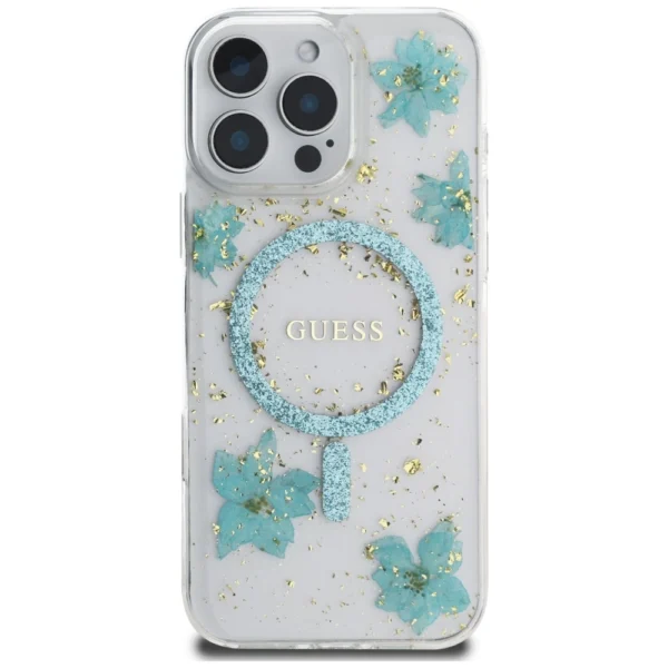 Guess Resin Flowers Glitter MagSafe iPhone 16 Pro Case - Clear Greeneng