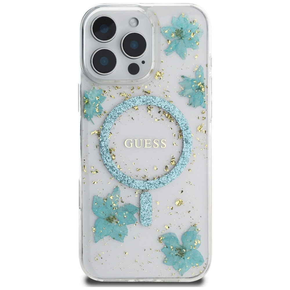Guess Resin Flowers Glitter MagSafe iPhone 16 Pro Case - Clear Greeneng