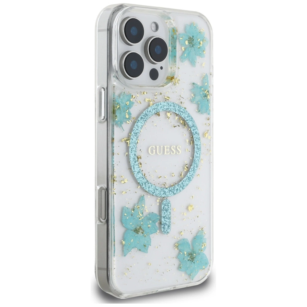 Guess Resin Flowers Glitter MagSafe iPhone 16 Pro Case - Clear Greeneng