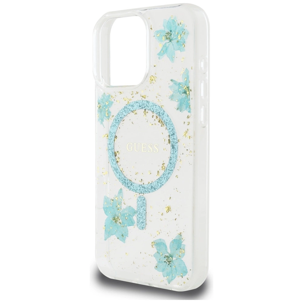 Guess Resin Flowers Glitter MagSafe iPhone 16 Pro Case - Clear Greeneng