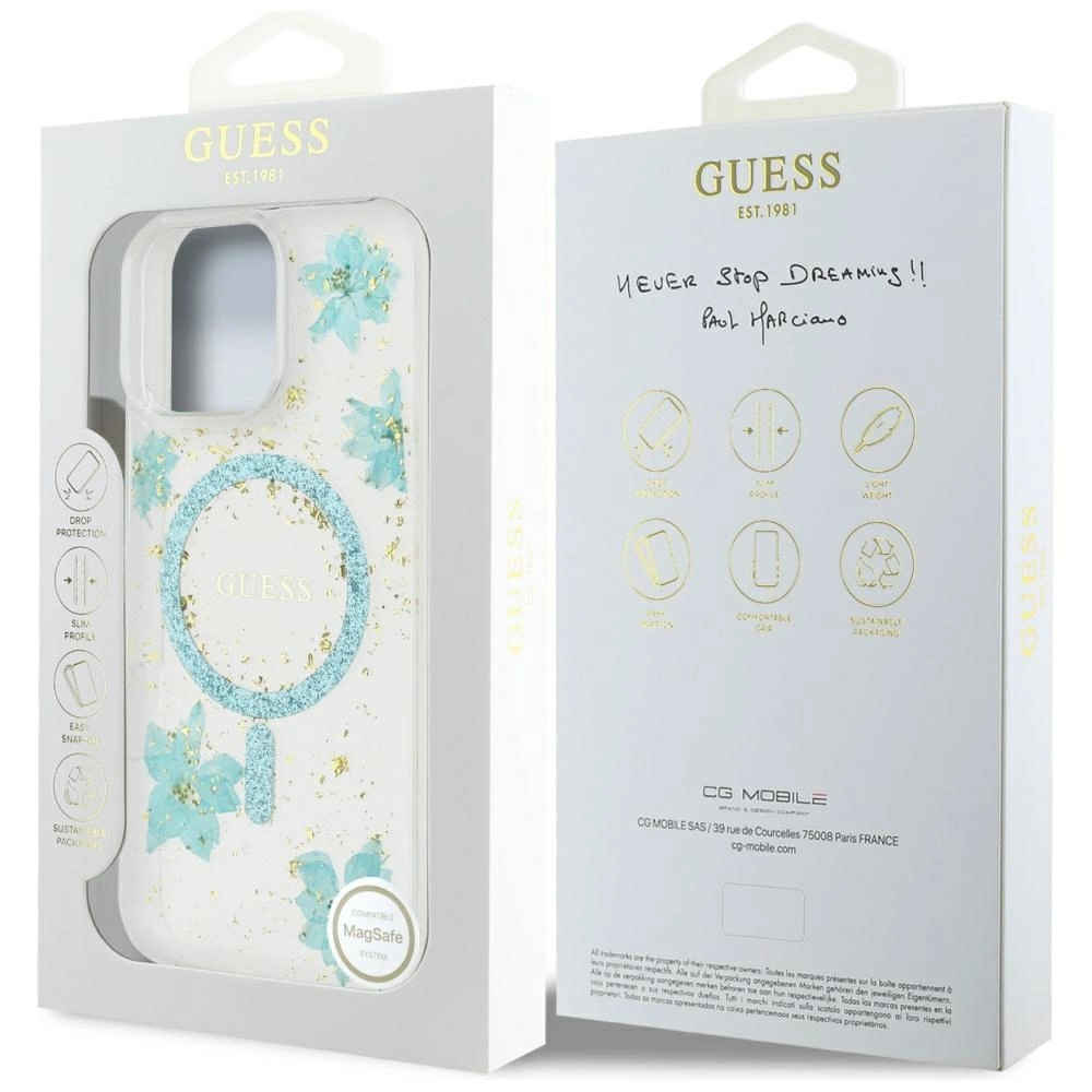 Guess Resin Flowers Glitter MagSafe iPhone 16 Pro Case - Clear Greeneng