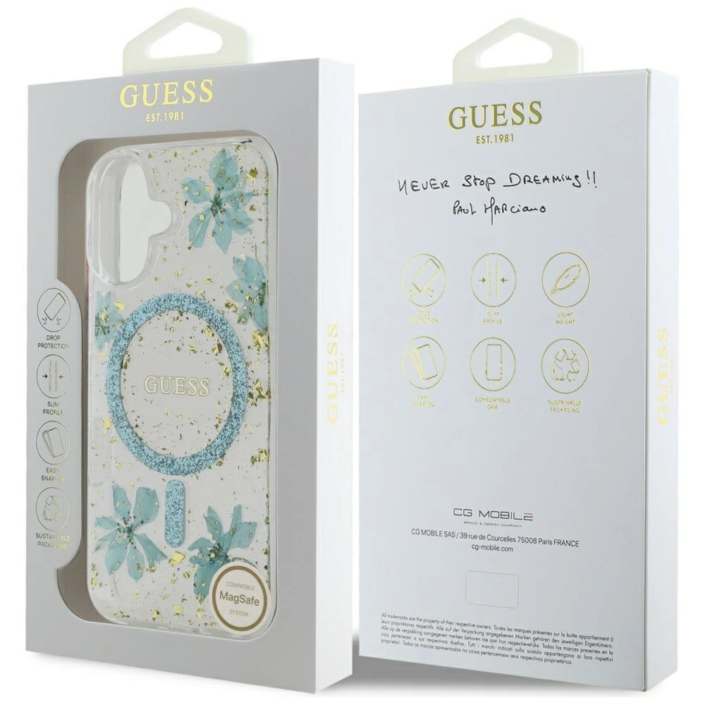 Guess Resin Flowers Glitter MagSafe iPhone 16 Case - Clear Greeneng