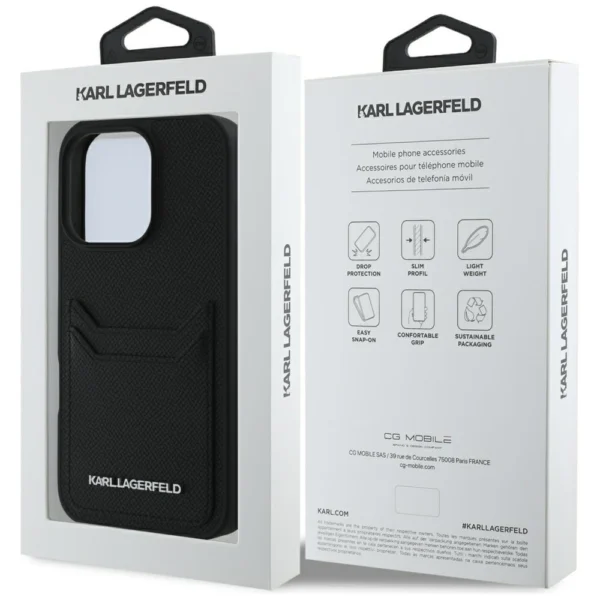 Karl Lagerfeld HC Grained PU Cardslot Metal Elong Case for iPhone 16 Pro Max - Blackeng