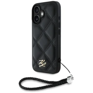 Karl Lagerfeld Quilted Initial Logo & Chain Strap iPhone 16 Case - Blackeng