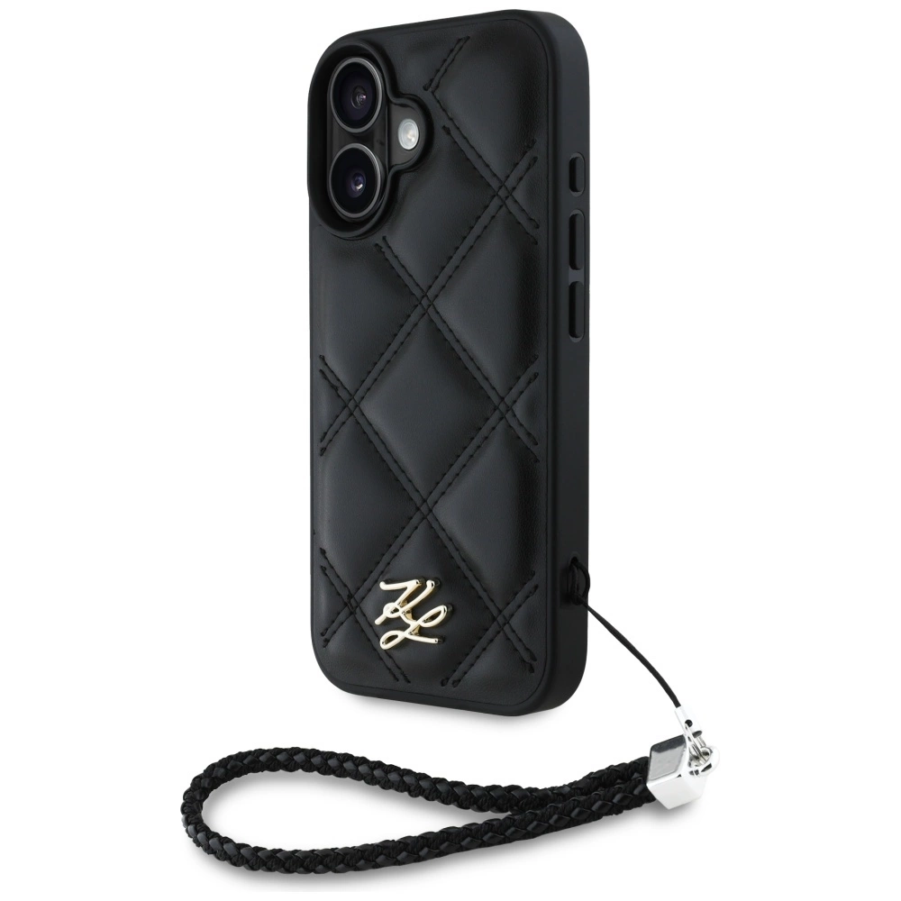 Karl Lagerfeld Quilted Initial Logo & Chain Strap iPhone 16 Case - Blackeng