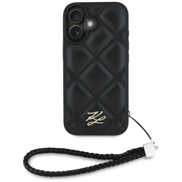 Karl Lagerfeld Quilted Initial Logo & Chain Strap iPhone 16 Case - Blackeng