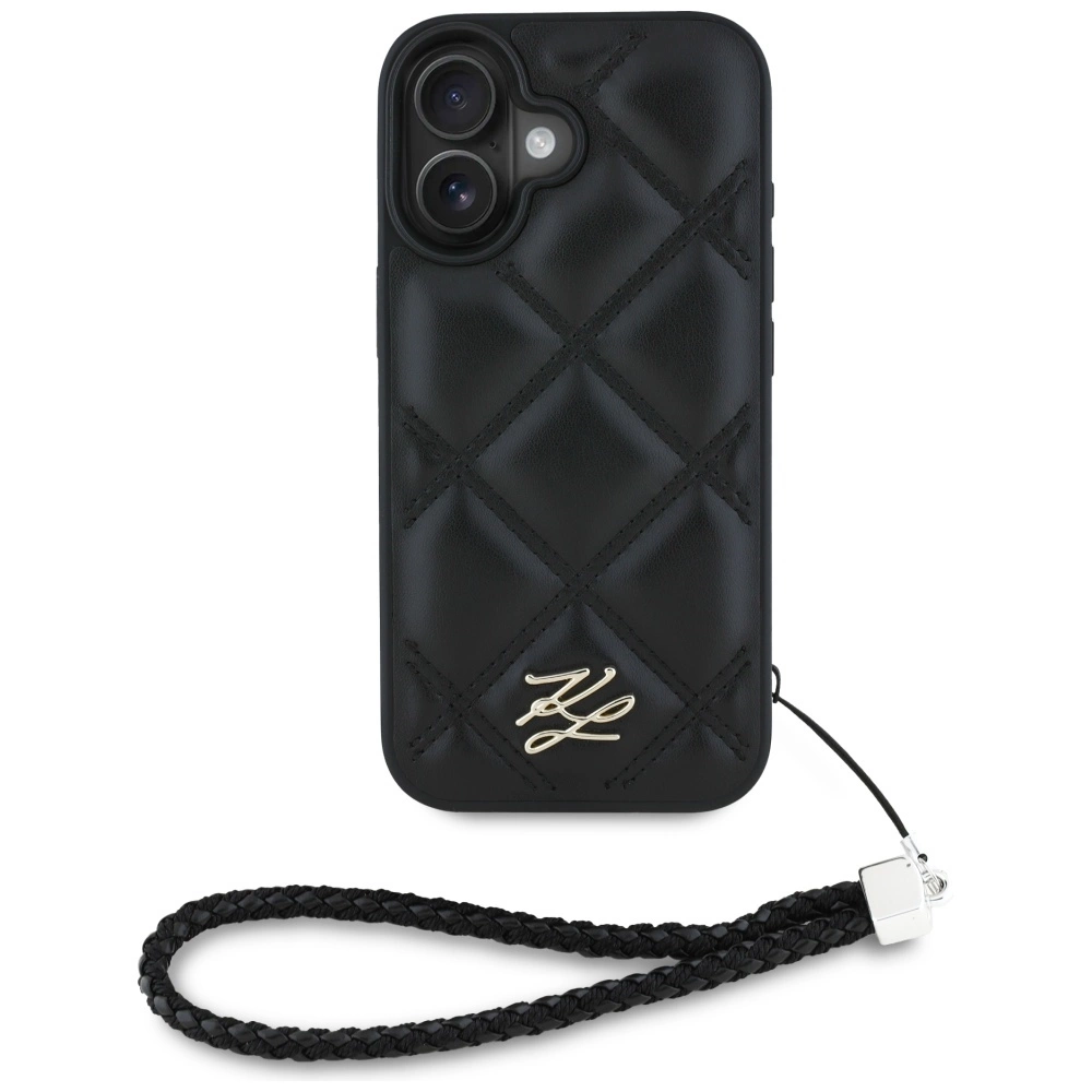 Karl Lagerfeld Quilted Initial Logo & Chain Strap iPhone 16 Case - Blackeng