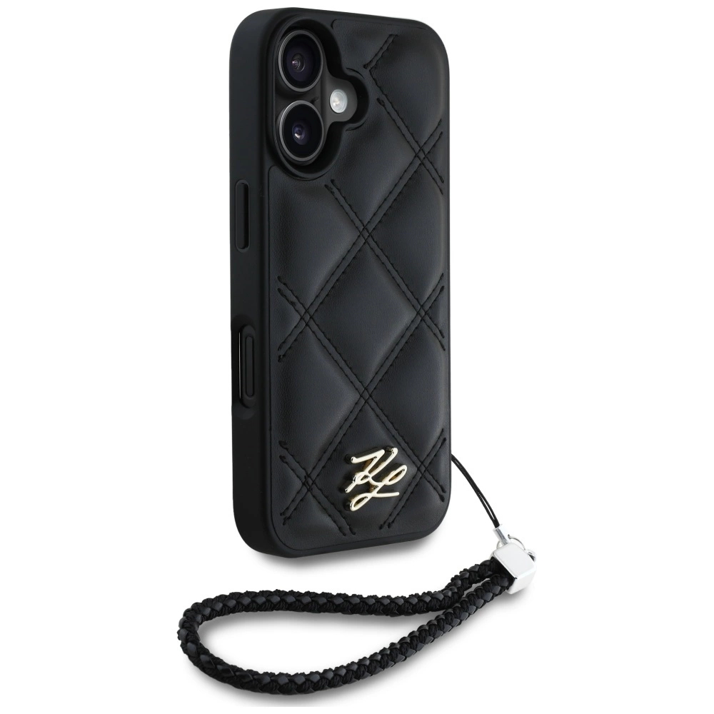 Karl Lagerfeld Quilted Initial Logo & Chain Strap iPhone 16 Case - Blackeng