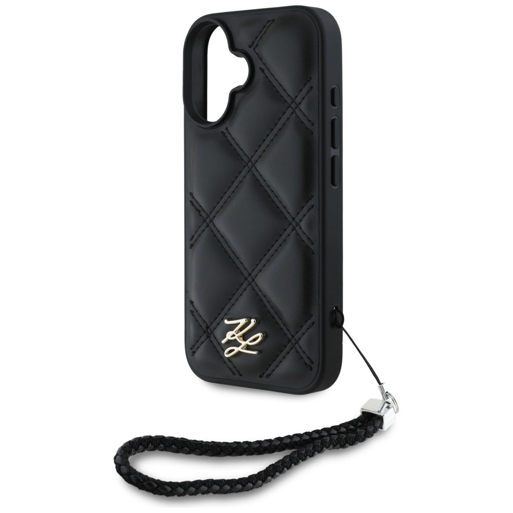 Karl Lagerfeld Quilted Initial Logo & Chain Strap iPhone 16 Case - Blackeng