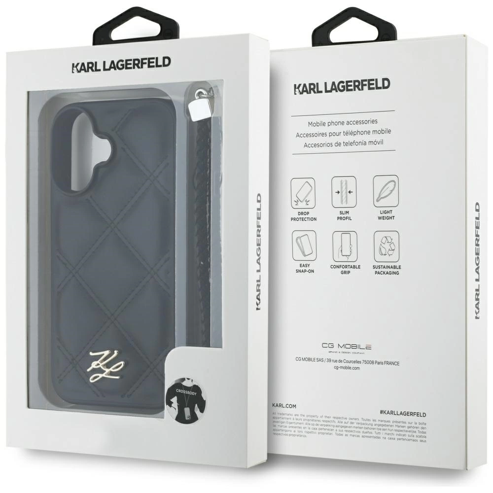 Karl Lagerfeld Quilted Initial Logo & Chain Strap iPhone 16 Case - Blackeng