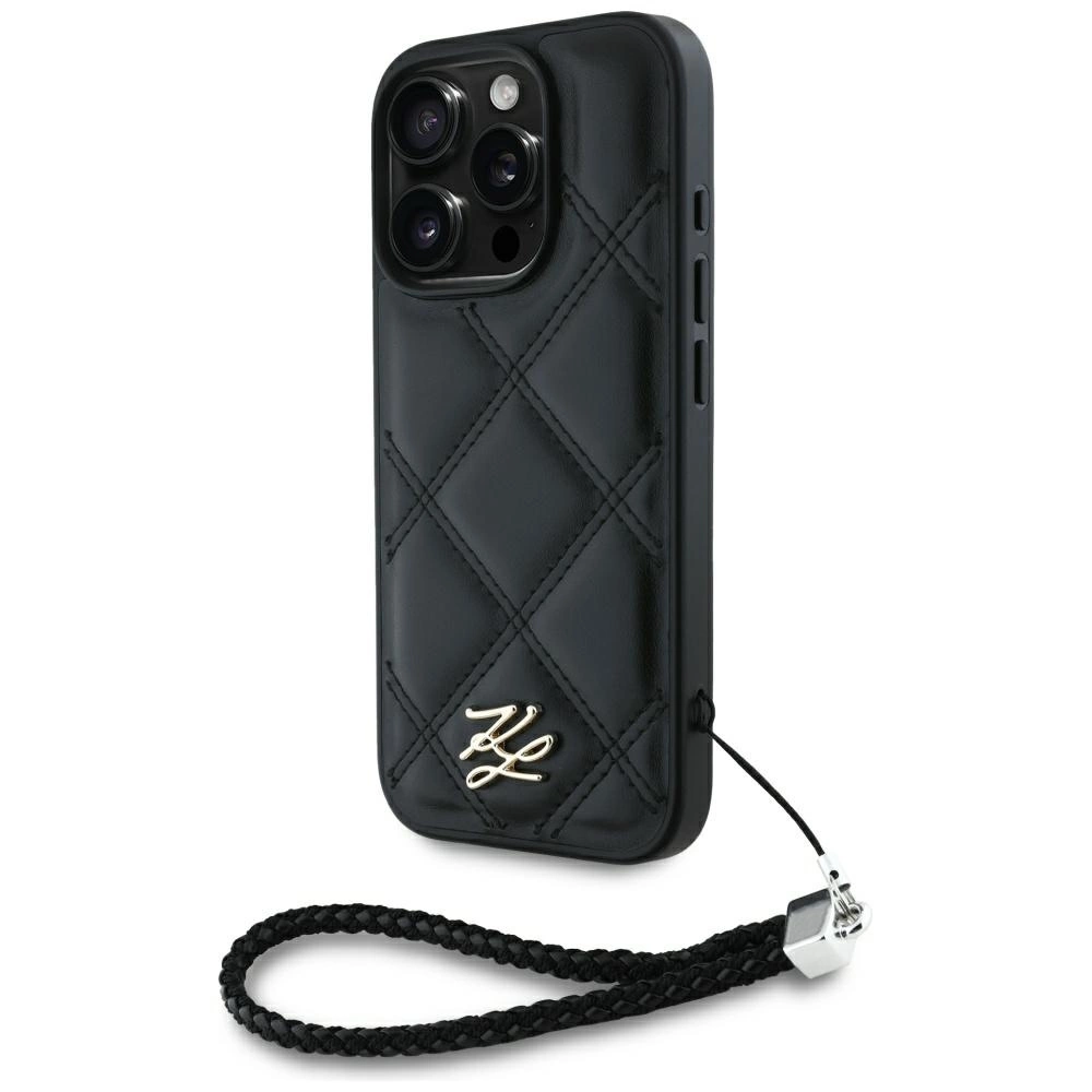 Karl Lagerfeld Quilted Initial Logo & Chain Strap iPhone 16 Pro Case - Blackeng