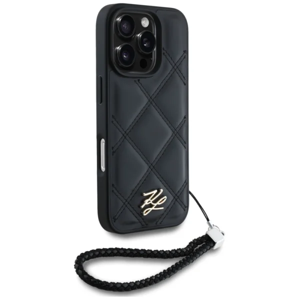 Karl Lagerfeld Quilted Initial Logo & Chain Strap iPhone 16 Pro Case - Blackeng