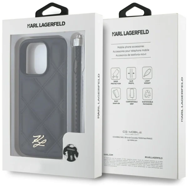 Karl Lagerfeld Quilted Initial Logo & Chain Strap iPhone 16 Pro Case - Blackeng