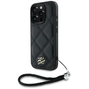 Karl Lagerfeld Quilted Initial Logo & Chain Strap iPhone 16 Pro Max Case - Blackeng