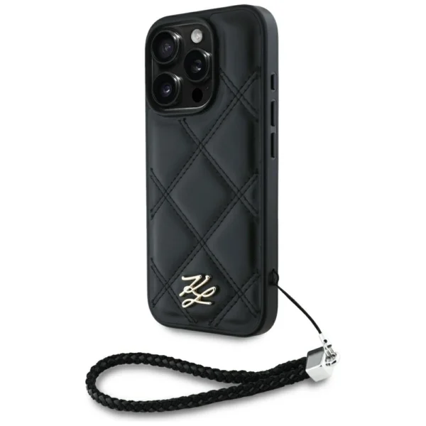 Karl Lagerfeld Quilted Initial Logo & Chain Strap iPhone 16 Pro Max Case - Blackeng