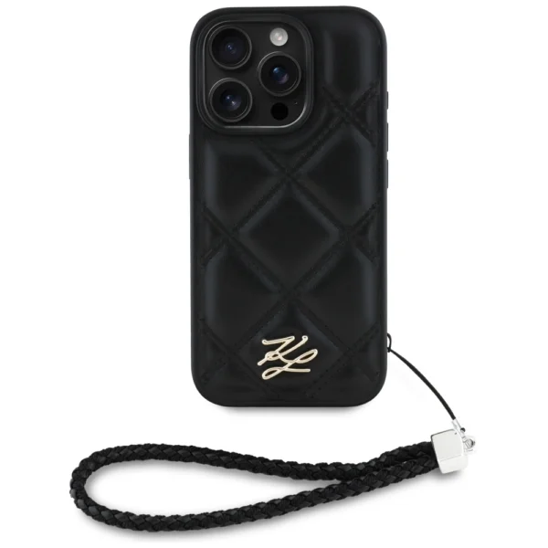 Karl Lagerfeld Quilted Initial Logo & Chain Strap iPhone 16 Pro Max Case - Blackeng