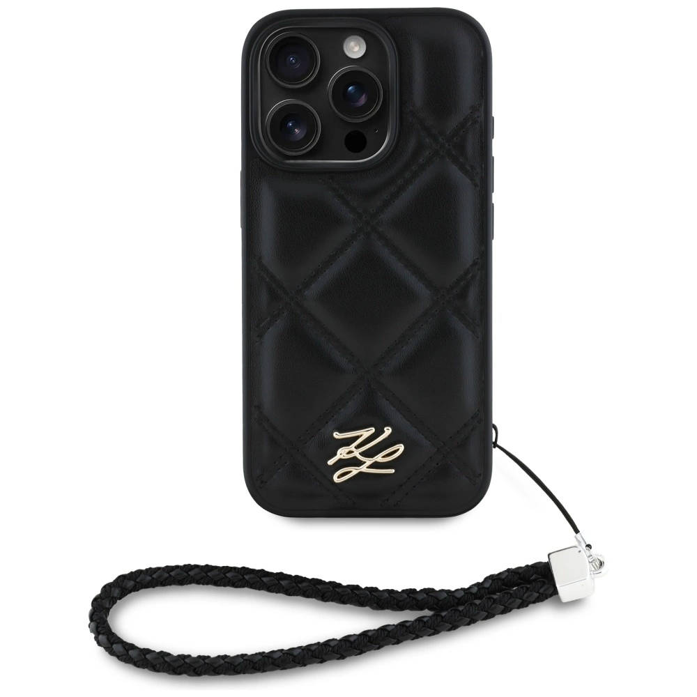 Karl Lagerfeld Quilted Initial Logo & Chain Strap iPhone 16 Pro Max Case - Blackeng