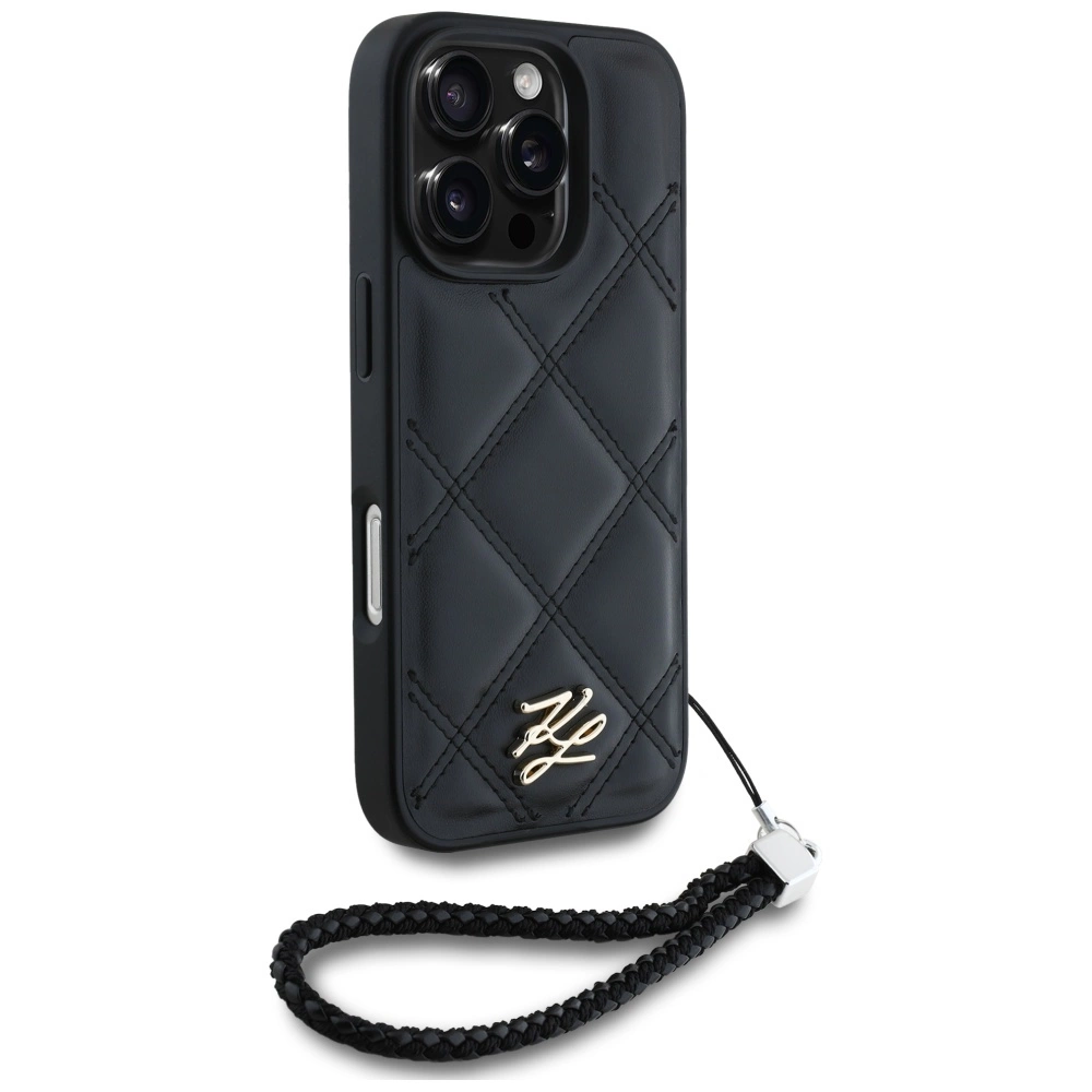 Karl Lagerfeld Quilted Initial Logo & Chain Strap iPhone 16 Pro Max Case - Blackeng