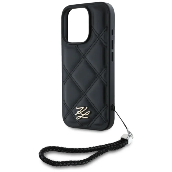 Karl Lagerfeld Quilted Initial Logo & Chain Strap iPhone 16 Pro Max Case - Blackeng