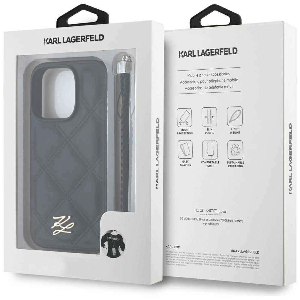 Karl Lagerfeld Quilted Initial Logo & Chain Strap iPhone 16 Pro Max Case - Blackeng