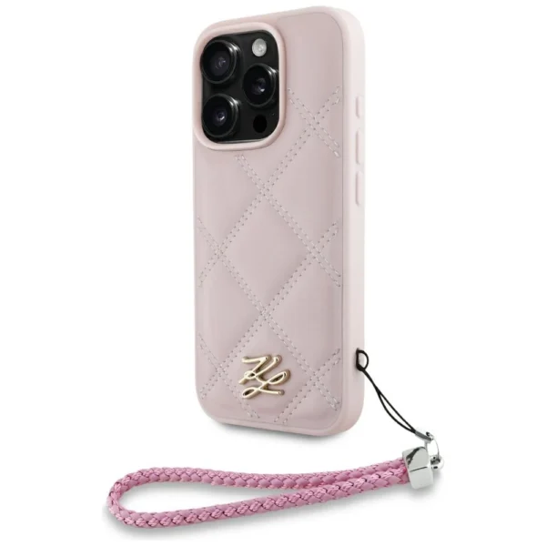 Karl Lagerfeld Quilted Initial Logo & Chain Strap iPhone 16 Pro Max Case - Pinkeng