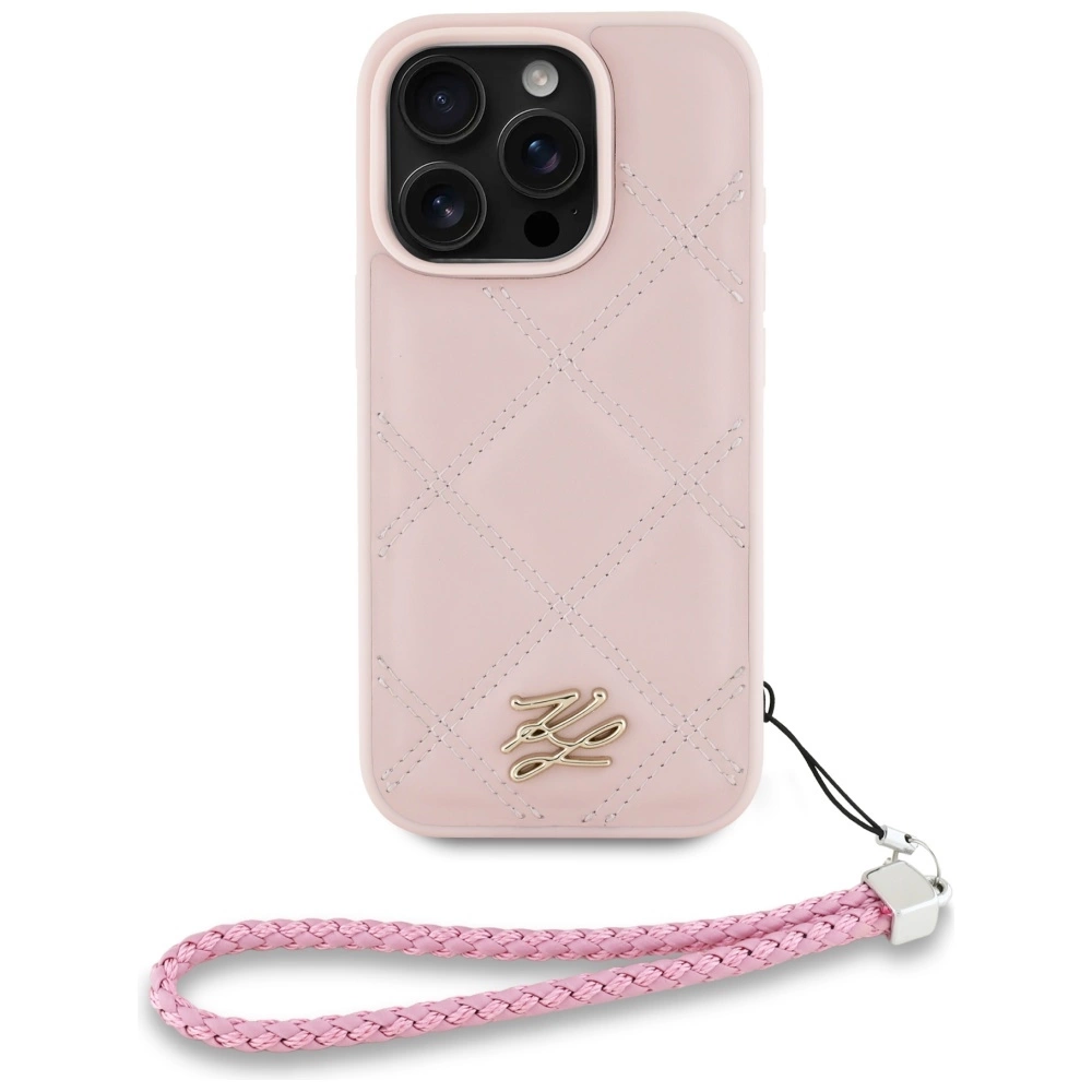 Karl Lagerfeld Quilted Initial Logo & Chain Strap iPhone 16 Pro Case - Pinkeng